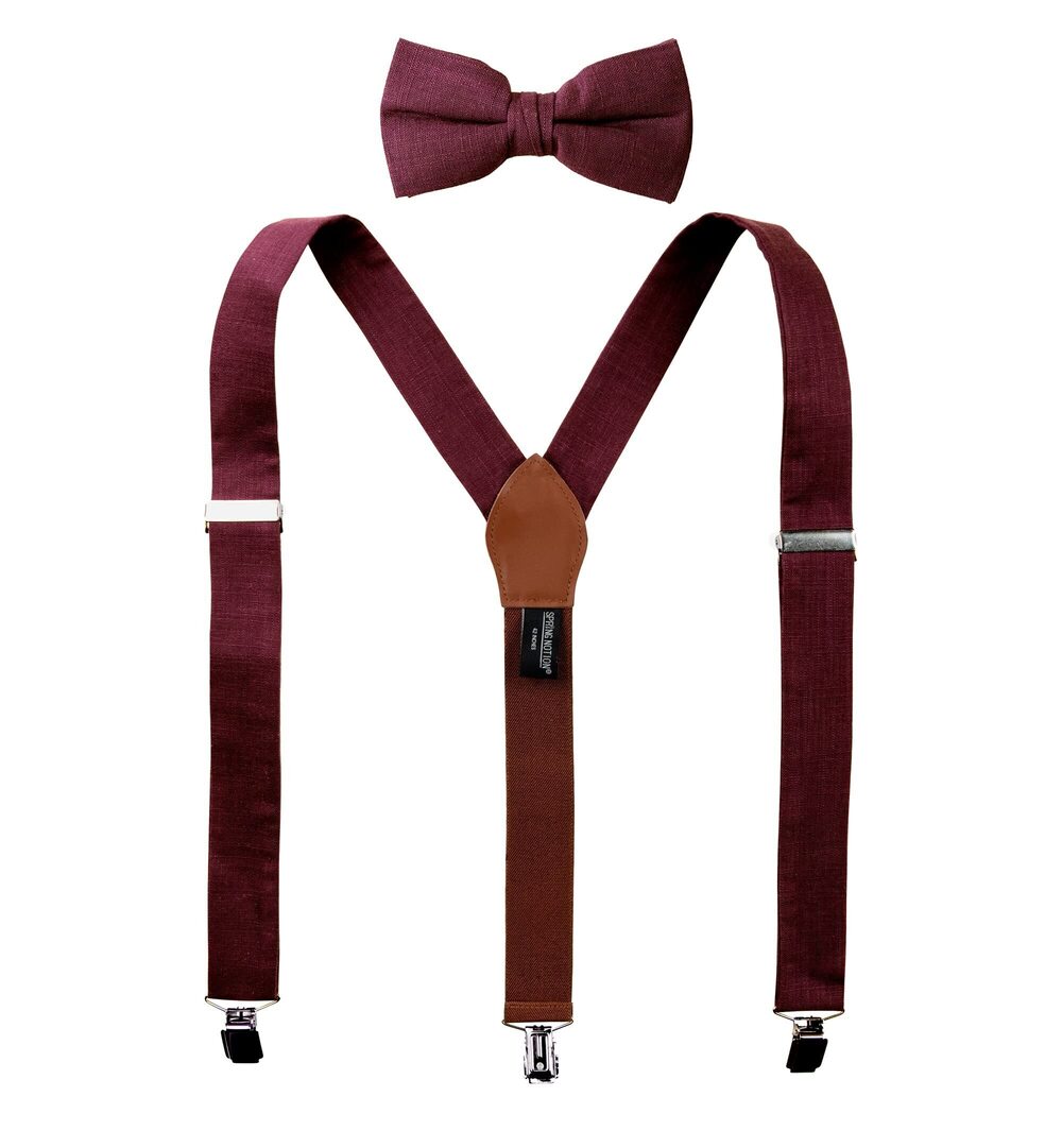 7293 ' Linen Blend Suspenders and Bow Tie Set for Groomsmen Wedding, Wine